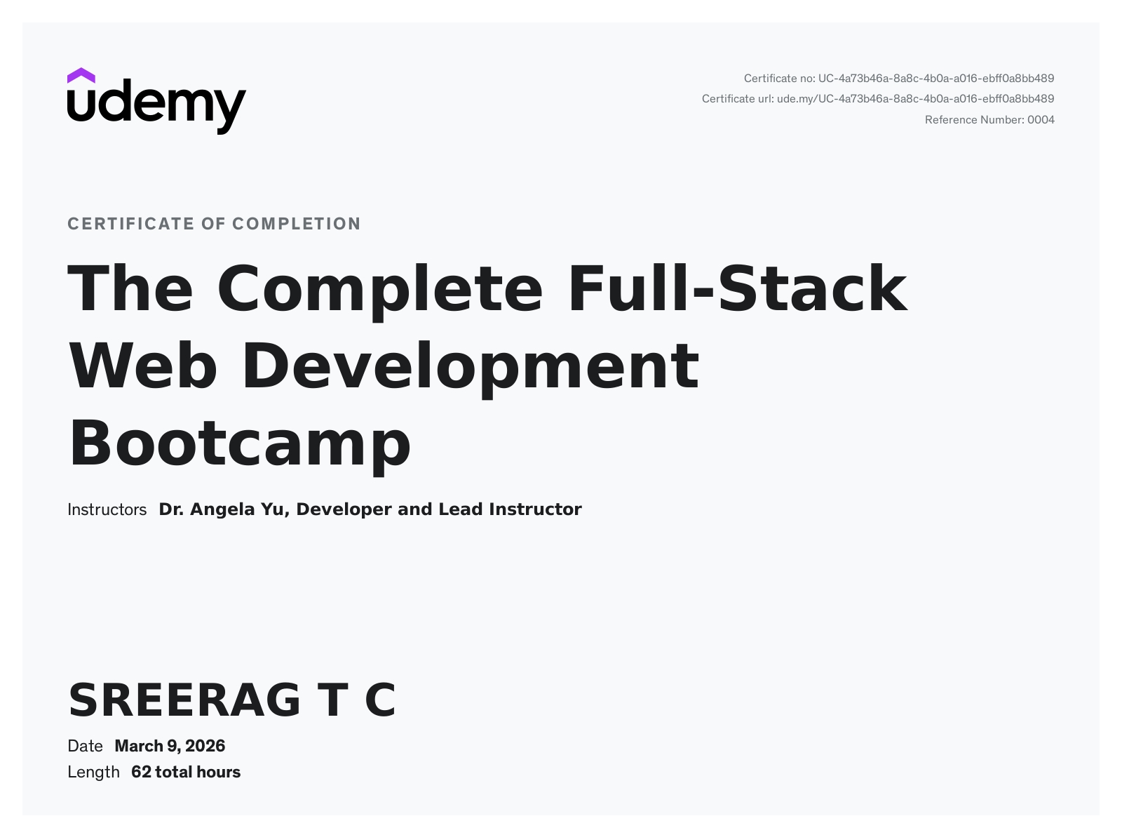 Udemy Full Stack Web Development Certificate