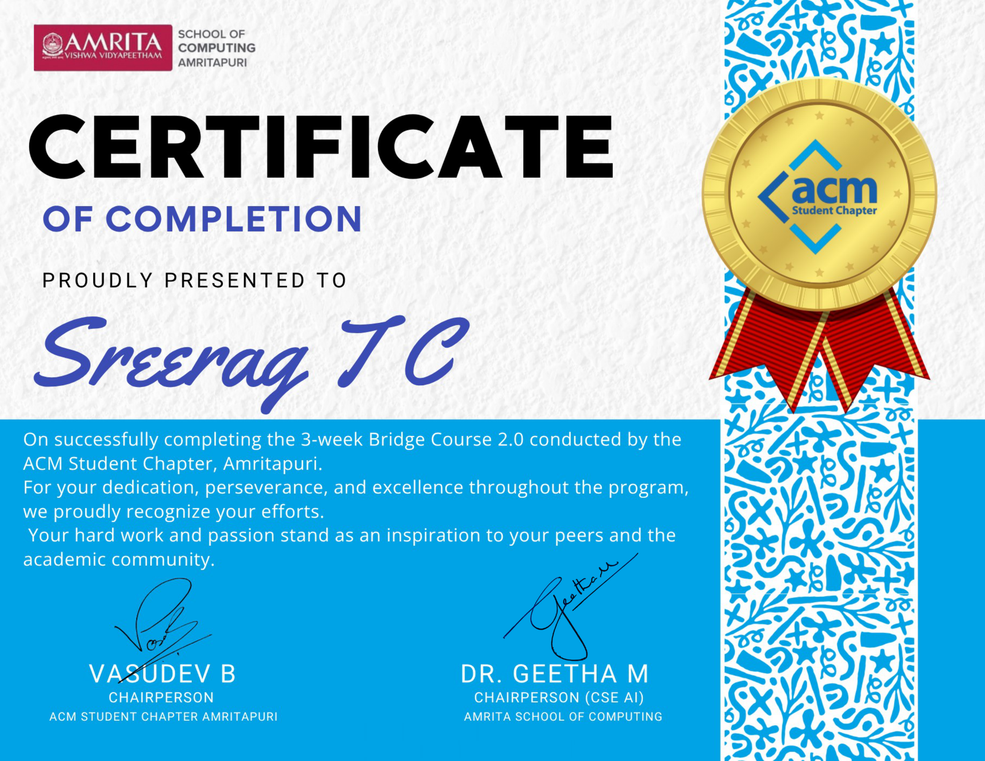 ACM Student Bridge Course Certificate